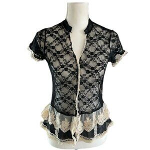 Azelhazel lace blouse medium ruffles black cream pearl buttons